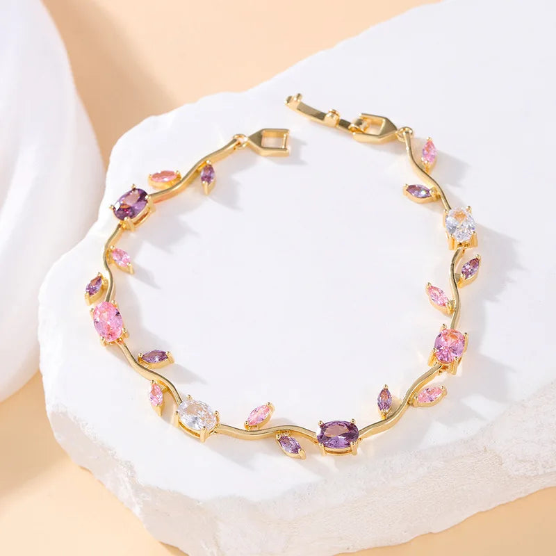 Pink Cubic Zirconia Wrist Chain with Vine Flowers, Sweet and Romantic Metal Bracelet For Women Jewelry Wedding Party Gifts