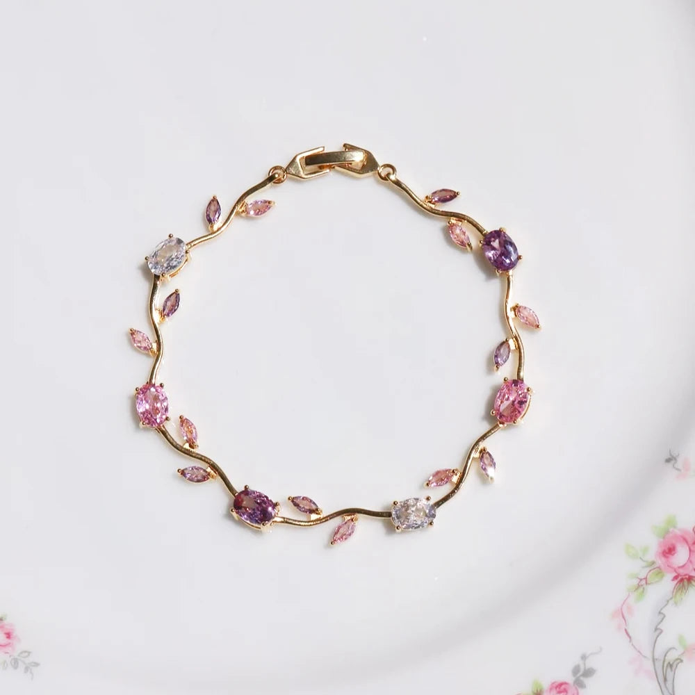 Pink Cubic Zirconia Wrist Chain with Vine Flowers, Sweet and Romantic Metal Bracelet For Women Jewelry Wedding Party Gifts