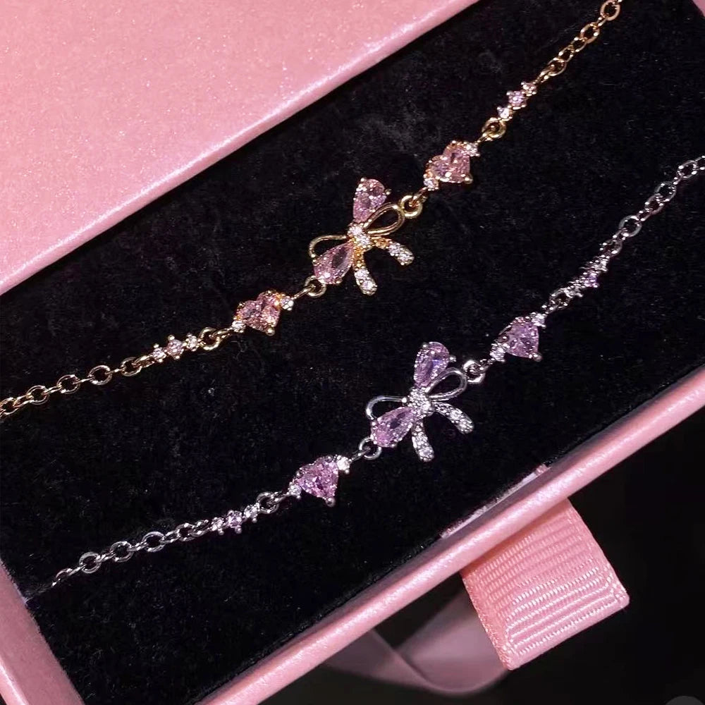Pink Cubic Zirconia Wrist Chain with Vine Flowers, Sweet and Romantic Metal Bracelet For Women Jewelry Wedding Party Gifts