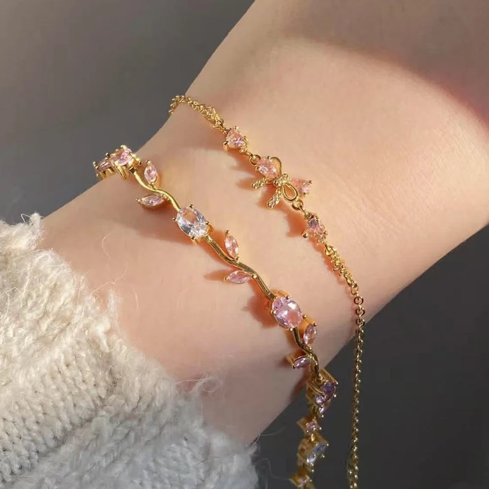Pink Cubic Zirconia Wrist Chain with Vine Flowers, Sweet and Romantic Metal Bracelet For Women Jewelry Wedding Party Gifts