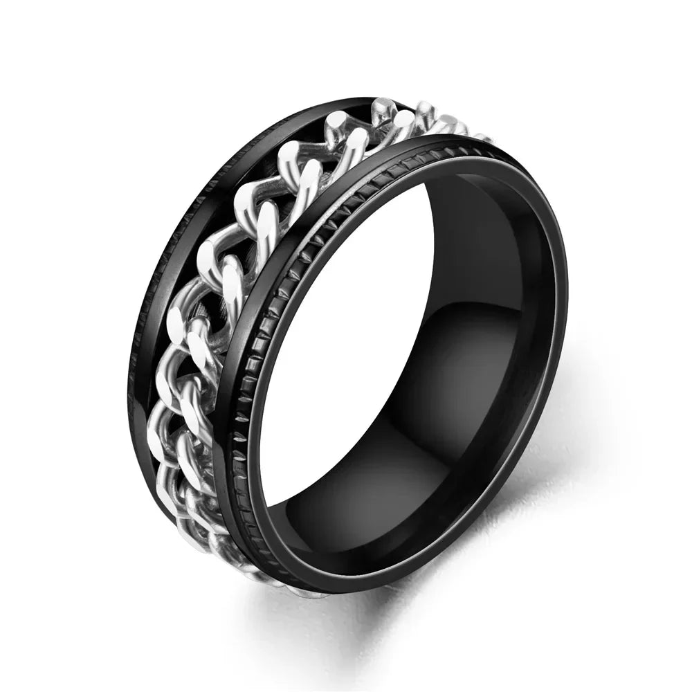 Fashion Stainless Steel Rotatable Chain Rings For Men Punk Spinner Chain Rotable Ring Women Party Titanium steel Jewelry Gift