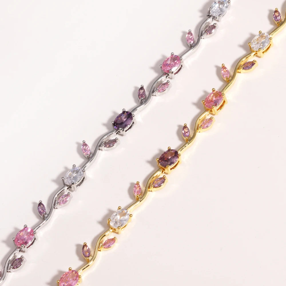 Pink Cubic Zirconia Wrist Chain with Vine Flowers, Sweet and Romantic Metal Bracelet For Women Jewelry Wedding Party Gifts
