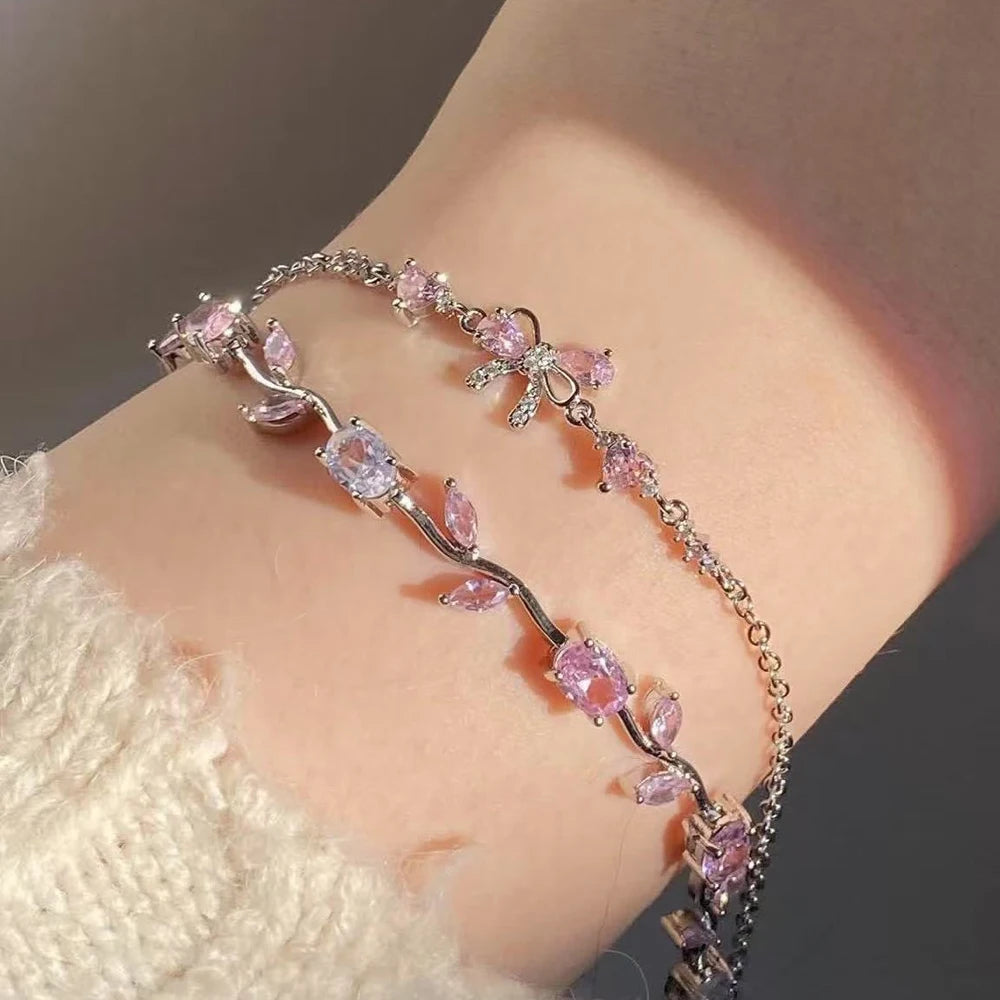 Pink Cubic Zirconia Wrist Chain with Vine Flowers, Sweet and Romantic Metal Bracelet For Women Jewelry Wedding Party Gifts