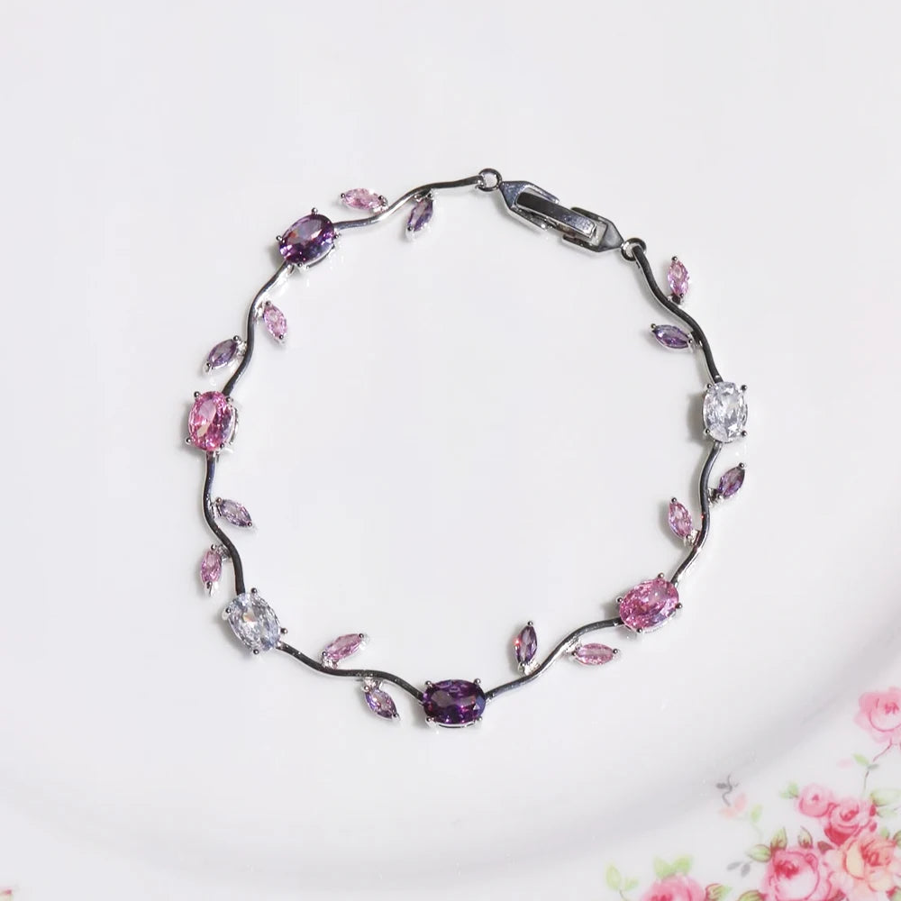 Pink Cubic Zirconia Wrist Chain with Vine Flowers, Sweet and Romantic Metal Bracelet For Women Jewelry Wedding Party Gifts