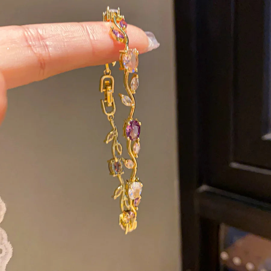 Pink Cubic Zirconia Wrist Chain with Vine Flowers, Sweet and Romantic Metal Bracelet For Women Jewelry Wedding Party Gifts