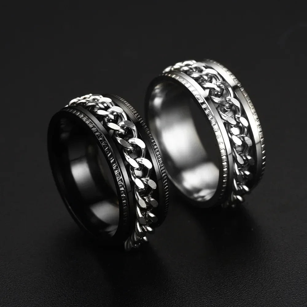 Fashion Stainless Steel Rotatable Chain Rings For Men Punk Spinner Chain Rotable Ring Women Party Titanium steel Jewelry Gift