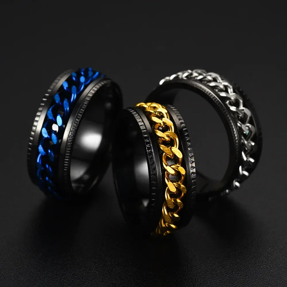 Fashion Stainless Steel Rotatable Chain Rings For Men Punk Spinner Chain Rotable Ring Women Party Titanium steel Jewelry Gift