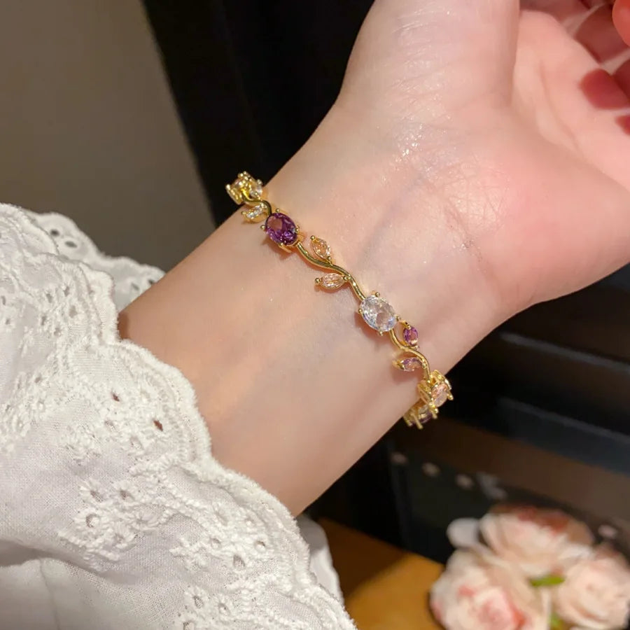 Pink Cubic Zirconia Wrist Chain with Vine Flowers, Sweet and Romantic Metal Bracelet For Women Jewelry Wedding Party Gifts