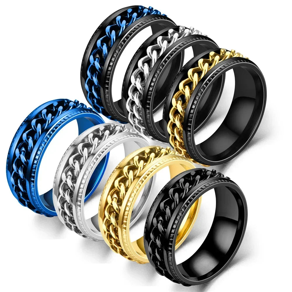 Fashion Stainless Steel Rotatable Chain Rings For Men Punk Spinner Chain Rotable Ring Women Party Titanium steel Jewelry Gift